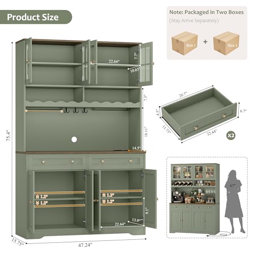 HOSTACK 75" Kitchen Pantry Storage Cabinet, Coffee Bar Hutch Cabinet, Green | Tall Pantry Cabinet with Charging Station / Wide Countertop / Glass Doors / Wine Rack / Cup Holder / Drawers, Dining Room - color: Green