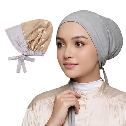 Yeieeo Women's Satin-Lined Tie Closure Hijab Undercap Non Slip,Premium Jersey Muslim Daily Wear Inner Headscarf Cap - color: Light Grey