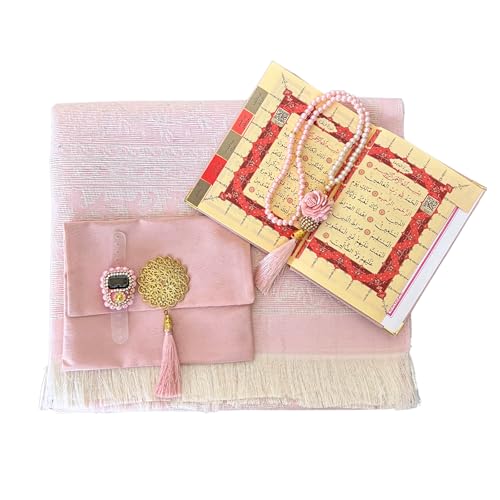 Prayer Mat Set for Women, Muslim Prayer Rug, Prayer Mat, Islamic Finger Counter, Prayer Beads, Surah Book with Bag, Islamic Gift Set for Ramadan & Eid (Pink)