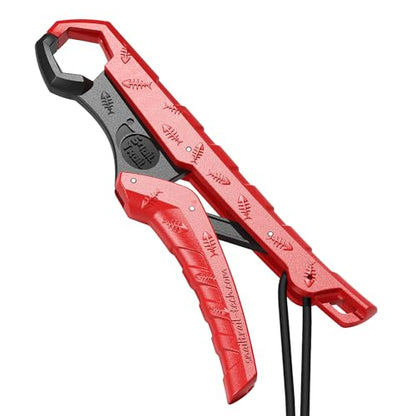 7.5'' Floating Fish Gripper, Fishing Grabber | Catfish Mouth Pliers, Caught Bass Holder, Fish Scale Hook Clamp, Saltwater Lip Grip Tool with Lanyard, Gifts for Men - color: Red-black