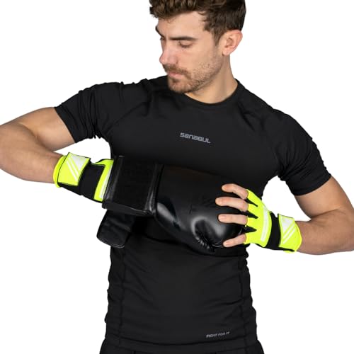 Sanabul Gel Boxing Hand Wraps for Men & Women Muay Thai MMA Kickboxing Quick Wraps Boxing Inner Gloves Wrist Knuckle Protection - color: Neongreen/White, size: Large-X-Large
