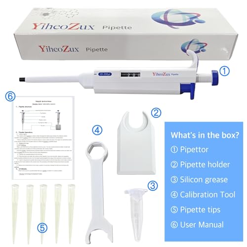 High-Precision Adjustable Single Channel Pipettor 20-200ul for Laboratory | High Accuracy, Manual Variable Volume Micropipette Compatible with Molecular Biology and Cell Culture Research - size: 20-200ul