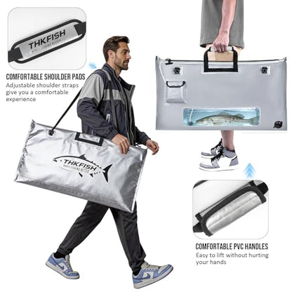 THKFISH Fish Tournament Weigh in Bag for Bass Fishing, Heavy Duty Insulated Live Fish Bag for Caught Fish with Waterproof Zipper and Mesh Liner, Leakproof,Puncture Resistant(Silver-32×19.7in) - color: Silver-32×19.7in