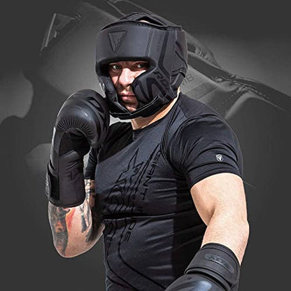 RDX Boxing Headgear Sparring Grappling, Maya Hide Leather, Head Gear for MMA Muay Thai Kickboxing Training, Multi Layered Padding, Taekwondo Martial Arts BJJ Wrestling Karate, Black - size: Medium