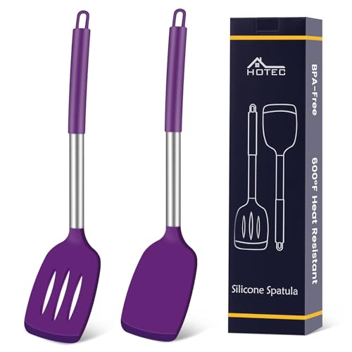HOTEC Silicone Spatula Set of 2 Heat-Resistant 600°F & BPA-Free Kitchen SaptulaTurner with Stainless Steel Handles, Slotted & Solid Spatulas for Nonstick Cookware, 13.7 Inch, Purple - color: Purple