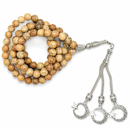 Amazing Gemstone Picture Jasper Tasbeeh with Moon and Star Charm - Certified Crystal Muslim Prayer Beads Natural Gemstone Tasbih Gift for Ramadan Dhikr and Daily Namaz (S) - color: Picture Jasper