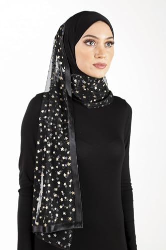 Stylish Mona Hijab Women's Black Kuwaiti with Chiffon Wrap Shawl & Satin Trim - color: Black With Gold Stars