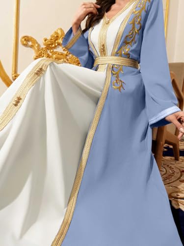 Elegant Muslim Dress with Gold Embroidered Evening Gown, Traditional Islamic Attire - color: Light Blue, size: Large