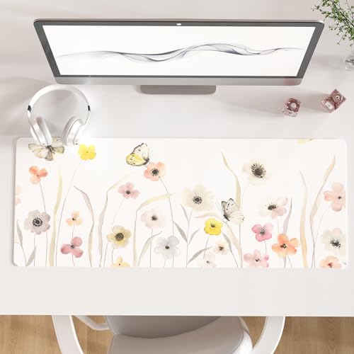 Faux Leather Large Mouse Pad, Office Desk Mat, 31.5"x11.8", Butterflies | Desk Décor Accessories, Extended Size, Waterproof & Easy to Clean, Smooth Surface, Non Slip Desk Organization - color: Floral Butterflies, size: 31.5L x 11.8W inches