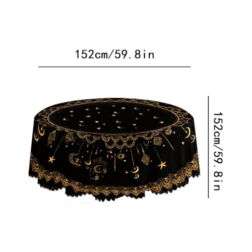 Black and Gold Lace Tablecloth for Ramadan - Round Elegant Table Cover with Star and Crescent Moon Design, Classic Home Dining Table Decor for Everyday Use