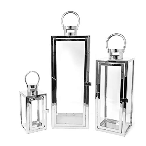 Allgala 3-PC Lantern Set 23 Inch Jumbo Deluxe Modern Indoor/Outdoor Candle Lantern Set Stainless Steel Frame Tempered Glass Rectangular Silver Chrome Color for Garden Poolside Fireplace Wedding - color: Cuboid Silver