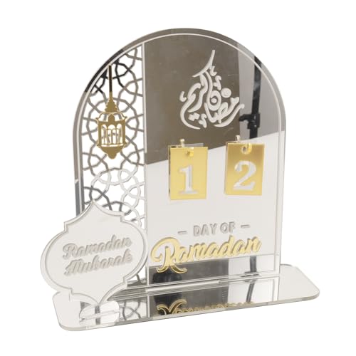 Acrylic Ramadan Countdown Calendar 2026, Silver Eid Mubarak 30 Day Advent Calendar, Ramadans Decorations for Home, Indoor Islamic Table Stand Fireplace Office Desk Decor, Muslim Kids for Gifts