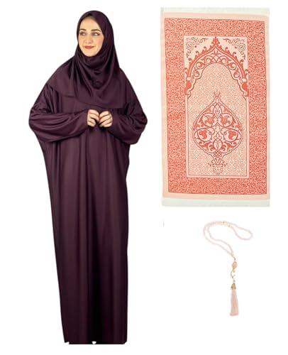 Prien Women Prayer Dress With Hijab Rug Tasbih Muslim Set Islamic Clothes Abaya Jilbab Dubai Kaftan For Eid Ramadan - color: Cherry