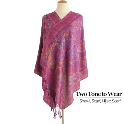 Paisley Pashmina Rave Shawl Scarf-Women's Reversible Ethnic Jacquard Pashmina Wraps for Travel - color: B#. Plum Gold