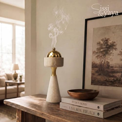 Sissi & yaya Marble Incense Burner with Brass Cover, 11 x 3.8 inches, Multi-Purpose Holder for Cones, Coils and Sticks (White) - color: White