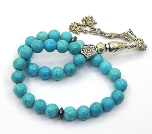 Perlin Muslim Prayer Beads 33 Bead Turquoise Tasbih Islamic Misbaha Subha Dhikr Beads with 10mm Polished Blue Turquoise Gemstone Beads Hematite Spacers, 925 Sterling Silver Imam Ottoman Style Rosary