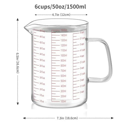 Luvan 6 Cups Glass Measuring Cup, Easy to Read with 3 measurement scales (Ml/Oz/Cup), Insulated Handle and V-shaped Spout, High Borosilicate Glass Measuring Cup, Ideal for Kitchen or Restaurant - color: 50Oz/6Cups/1.5L