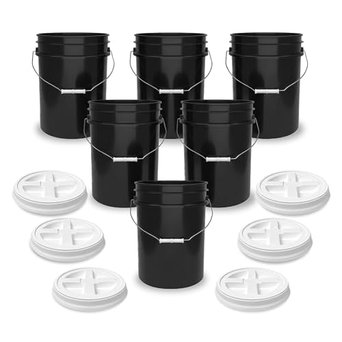 5 Gallon Bucket - Food Grade w/Lid BPA-Free, Black/White, 6 | Airtight Gamma Seal Screw-On Lid, Heavy-Duty 90 Mil HDPE Plastic, Food Safe and Durable Container, Bulk Storage, Made in USA - color: Black/White, size: 6 Packs
