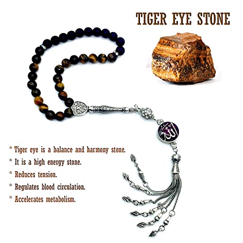 Tiger Eye Prayer Beads, Natural Stone Misbaha Tasbih for Men & Women, Meditation Beads, Healing Stone, Islamic Gift, Handmade Gemstone Mala - color: Model 1 - Red Allah Snap Button