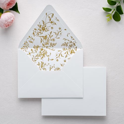 PONATIA A7 Euro Flap Gold Foil Liner Envelopes, White 5x7 Envelopes - color: White + Goil Foil