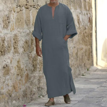 Mens Kurta Linen V Neck Long Sleeve Kaftan Casual Modern Everyday Thobes Soft Breathable Lightweight Kurta - color: 02#_grey, size: XX-Large