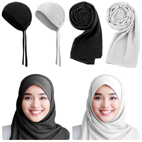 4 Pcs Women Solid Chiffon Hijab Scarves and Undercap Set Long Shawl Soft Wrap Scarves Muslim Inner Hijab Caps - color: Black, White