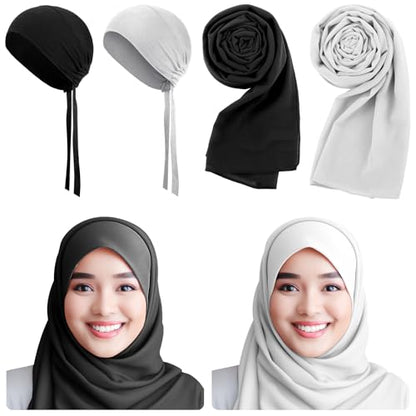 4 Pcs Women Solid Chiffon Hijab Scarves and Undercap Set Long Shawl Soft Wrap Scarves Muslim Inner Hijab Caps - color: Black, White
