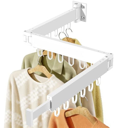 JAUREE Clothes Drying Rack Wall Mounted, Space-Saving Drying Rack Clothing, Collapsible Foldable Retractable Laundry Rack with 18 Hooks, Indoor/Outdoor, White - color: White