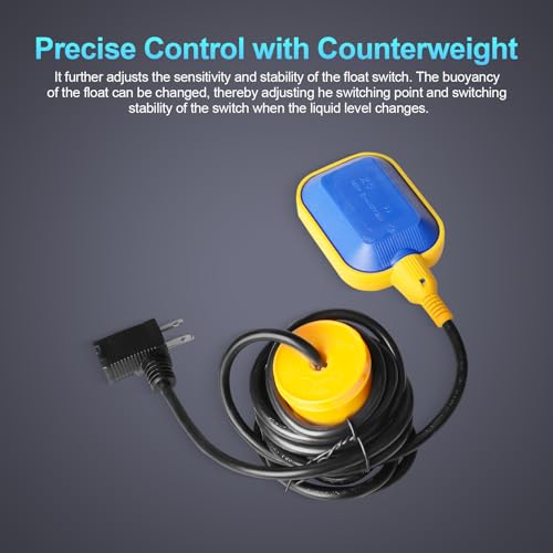 (With Counterweight) Sump Pump Universal Tethered Float Switch AC 15A 110~250V Piggyback Style Plug with 10 Feet Cord, Used in Sewage Pump, Water Tank, Septic Tank Pump, etc. | 15A 110 250V Piggyback Style Plug, with 10 Feet Cord, Used in Sewage Pump, Wat
