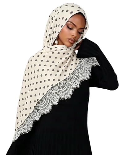 JUMISEE Elegant Floral Lace Hijab Scarf for Women Soft Cotton Head Wrap Instant Hijab Long Scarves Evening Dress Shawl - color: Beige Polka Dot