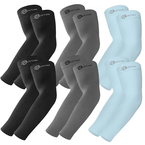 BHYTAKI UV 자외선 차단 팔 슬리브 6쌍, UPF 50 스포츠 쿨링 암 압박 슬리브 남성 여성 청소년용 - color: 블랙 2개+다크 그레이 2개+라이트 블루 2개