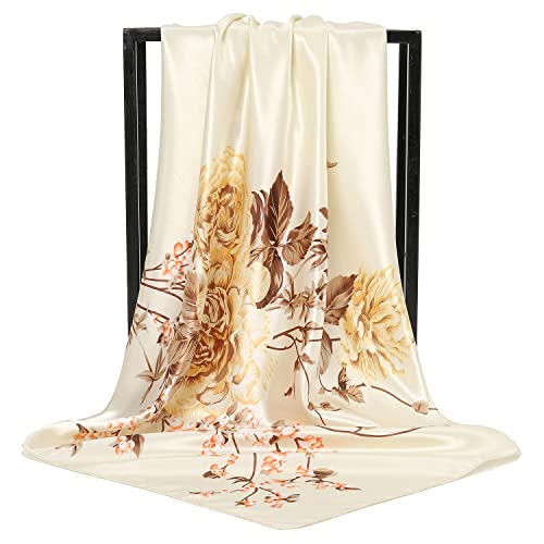 RIIQIICHY Head Scarf for Women Like Silk Satin Scarf for Hair Wrapping at Night Bandana Square Scarf for Sleeping 35 Inch - color: Cream/Gold/Brown/Pink