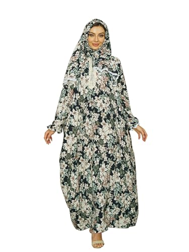 Women's Ditsy Floral Print Zipper Design Hooded Arabian Dress Modest Bishop Sleeve Long Sleeve Maxi Muslim Dress for Women - color: Multicolor, size: One Size