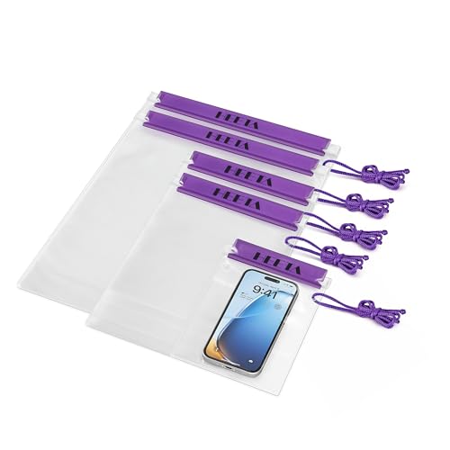 HEETA 5-Pack Clear Waterproof Dry Bag Pouch Document Holder for Phone Maps | Water Tight Case for Camera Document, Screen Touchable for Boating Kayaking Paddle Board Swimming Beach Waterpark Fishing - color: Purple