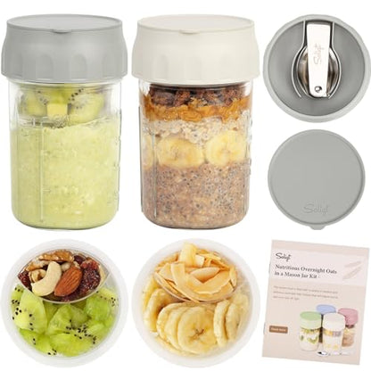 SOLIGT Overnight Oats Containers with Lids, Folding Spoons and Divided Compartment for Fruit & Nuts, Small Glass 16oz Mason Jars for Oatmeal Yogurt Parfait (2 Set-Smoke Gray/Oat White) - color: 2 Set-Smoke Gray/Oat White