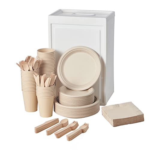 FULING 350Pcs Biodegradable Dinnerware Set - Disposable Dinner Plates, Wooden Cutlery, Napkins - Plant-Based Material, Microwave & Freezer Safe - color: Nature