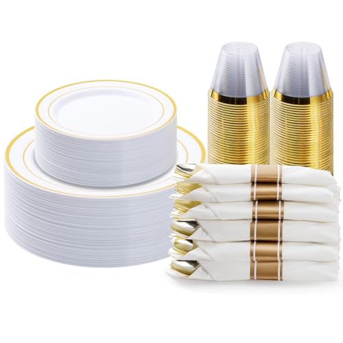 BESTVIP 175PCS Gold Plastic Dinnerware Set, Disposable Party Plates for 25 Guests, Include: 50 Plastic Plates, 25 Pre Rolled Napkins with Gold Silverware, 25 Cups for Christmas, Halloween - color: Gold, size: 25 Guests