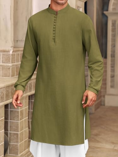 Runcati 남성용 Kaftan Thobe 버튼 다운 헨리 셔츠 로브 긴소매 캐주얼 면 리넨 무슬림 가운 셔츠 - color: 아미 그린., size: Medium