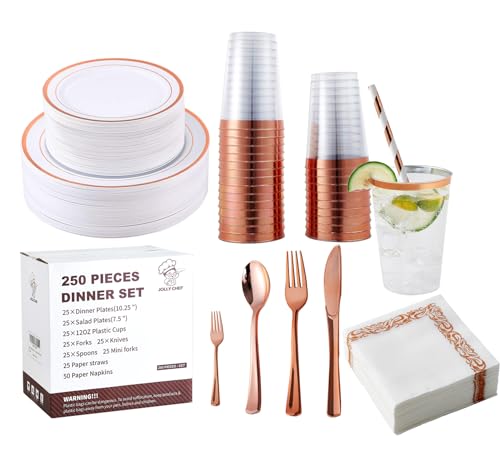 JOLLY CHEF 25 Guests Plastic Plates Set With Rose Gold Rim Cutlery set - color: ROSE GOLD-250pack