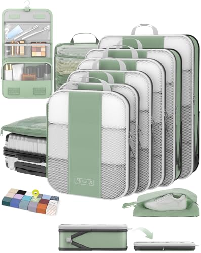 OlarHike 10 Set Compression Packing Cubes for Travel Essentials,Compressible Expandable Space Saver Bags for Organizing Clothes,Luggage Garment Bags with Over 1000 pcs Mesh Holes(Matcha Green) - color: Matcha Green
