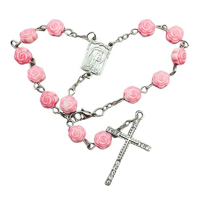Pink Catholic Car Rosary – 2PCS Hanging Rosary with Rose Beads and Sparkling Rhinestone Cross for Rearview Mirror, Mini Religious Charm for Women, Cute Car Accessories