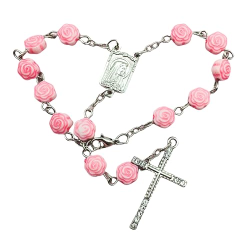Pink Catholic Car Rosary – 2PCS Hanging Rosary with Rose Beads and Sparkling Rhinestone Cross for Rearview Mirror, Mini Religious Charm for Women, Cute Car Accessories