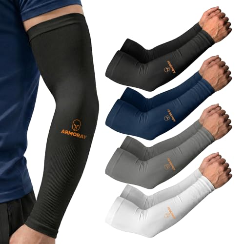 ARMORAY Arm Sleeves for Men and Women - UV Sun Protection Cooling Compression - Tattoo Cover Up Sleeve for Daily Wear & Work - color: Black + Gray + Navy + White (4 Pairs)