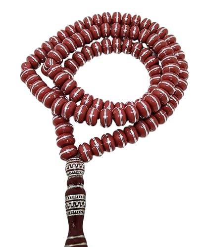 Islam Tasbih 99 비즈 AMN-464 무슬림 기도 디크르 미바하 다채로운 묵주 달 별 장식 태슬 이드 라마단 선물 - color: 레드
