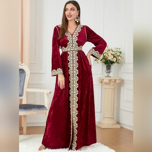 IDOPIP Muslim Women Velvet Dress Embroidery Abayas Long Sleeve V-Neck Moroccan Maxi Kaftan Dubai Robe Arabic Islamic Clothing - color: Wine Red, size: X-Large