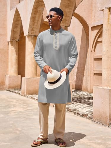Yousify Mens Kaftan Thobe Casual Henley Shirts - color: Dark Grey, size: Medium