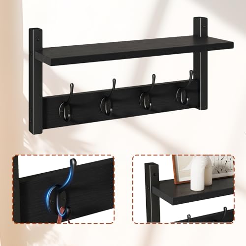 YMYNY Coat Rack Shelf Wall Mounted, Coat Hooks Set of 2, Entryway Coat Hanger with 8 Hooks, 31.5" Wall Floating Shelf with Hat Rack, for Kitchen, Bedroom, Bathroom, Black UHWS001B-2 - color: Black, size: 31.5"-2 pack