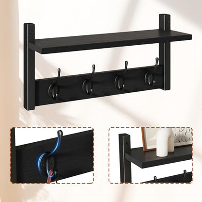 YMYNY Coat Rack Shelf Wall Mounted, Coat Hooks Set of 2, Entryway Coat Hanger with 8 Hooks, 31.5" Wall Floating Shelf with Hat Rack, for Kitchen, Bedroom, Bathroom, Black UHWS001B-2 - color: Black, size: 31.5"-2 pack