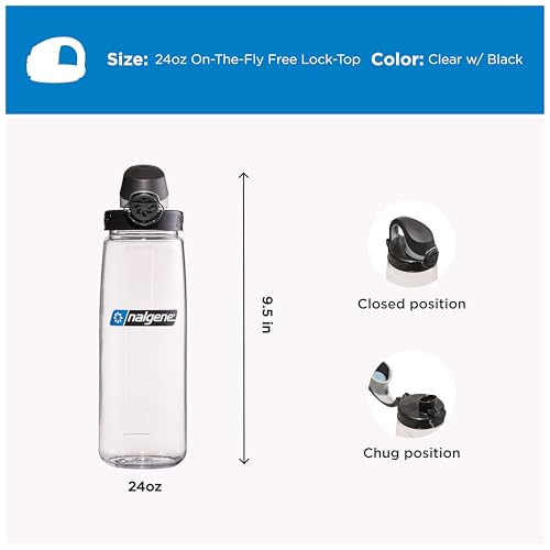 Nalgene 24 oz On The Fly Lock-Top Water Bottle, Clear w/Black - color: Clear with Black, size: 22 Ounces
