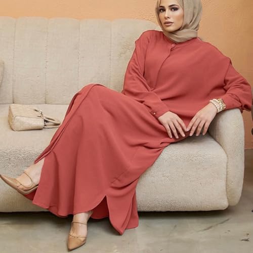 IKADEX Women Batwing Sleeve Abaya Button Loose Fit Long Maxi Muslim Dress Islamic Kaftan Prayer Robe - color: Rust Red